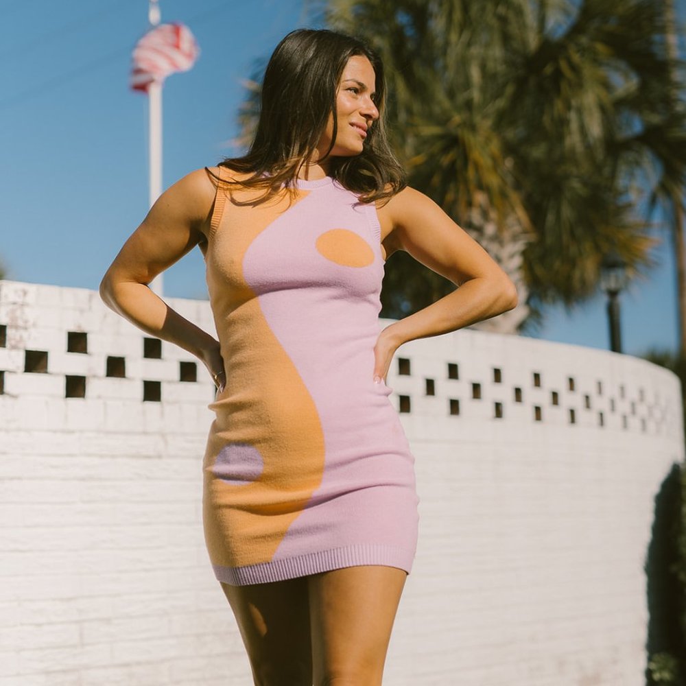 orange and lilac yin and yang sweater dress